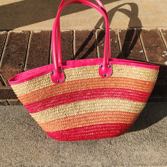 Handbags - Striped Woven Tote Bag with Pink Trim